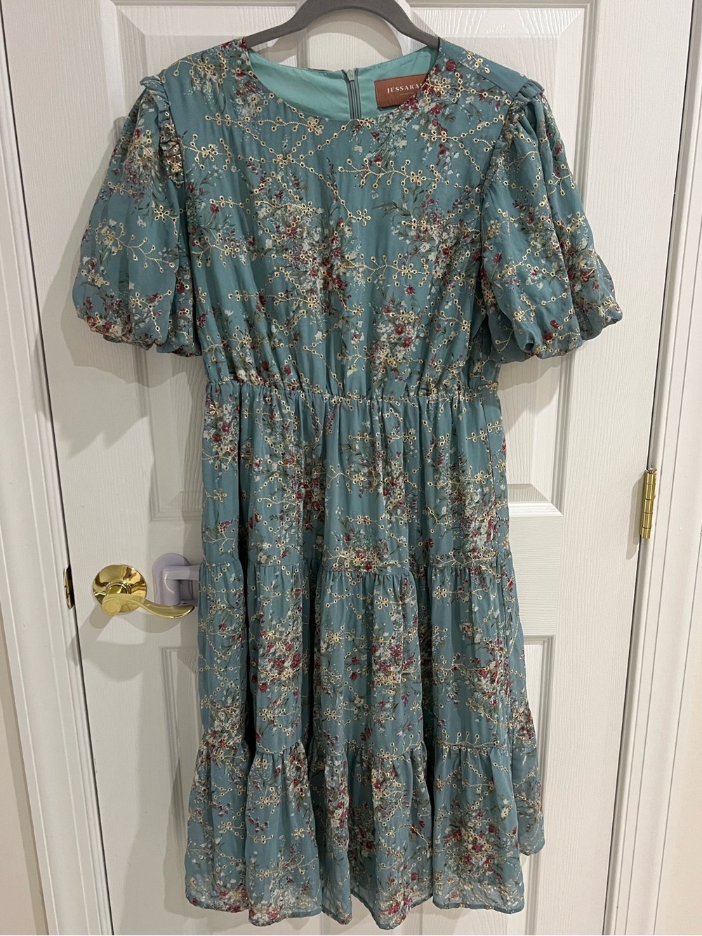 RARE JessaKae Gold Embroidered Puff-Sleeve Dress